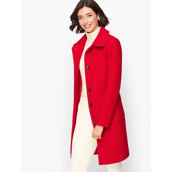 Talbots Red Bouclé Wool Dress Coat Black Faux Fur Collar Princess Large NWT $329 - Picture 3 of 13